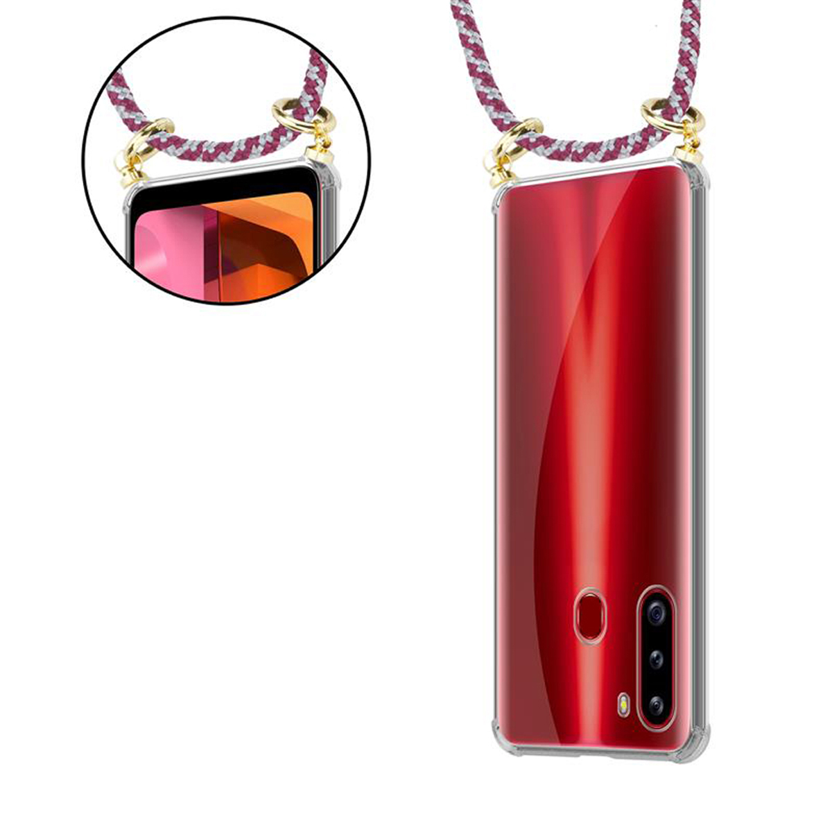 CADORABO Handy Kette mit Gold und abnehmbarer ROT A21, Ringen, Samsung, Kordel WEIß Band Hülle, Galaxy Backcover