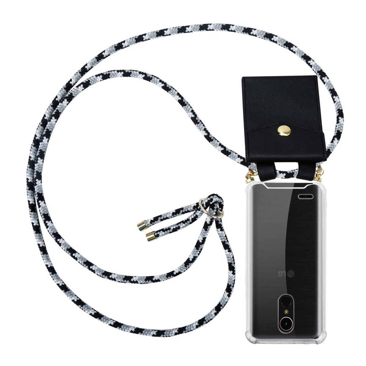 Telefon mit schwarzer und grauer Kordel. Schwarzes Gehäuse und eine schwarze Abdeckung.