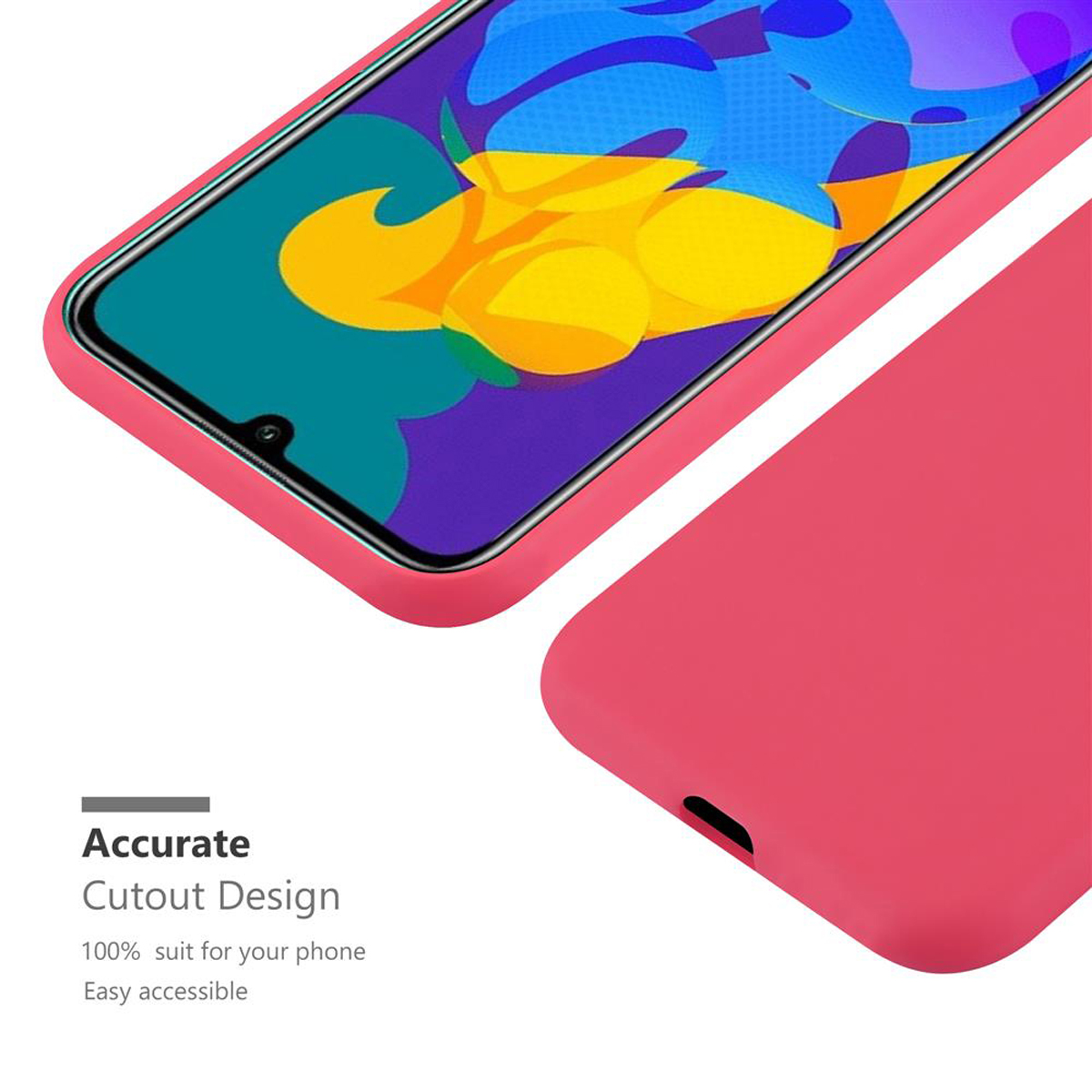Una custodia per telefono, per lo più rosa, che mostra l'angolo dello schermo di un telefono con uno sfondo colorato.