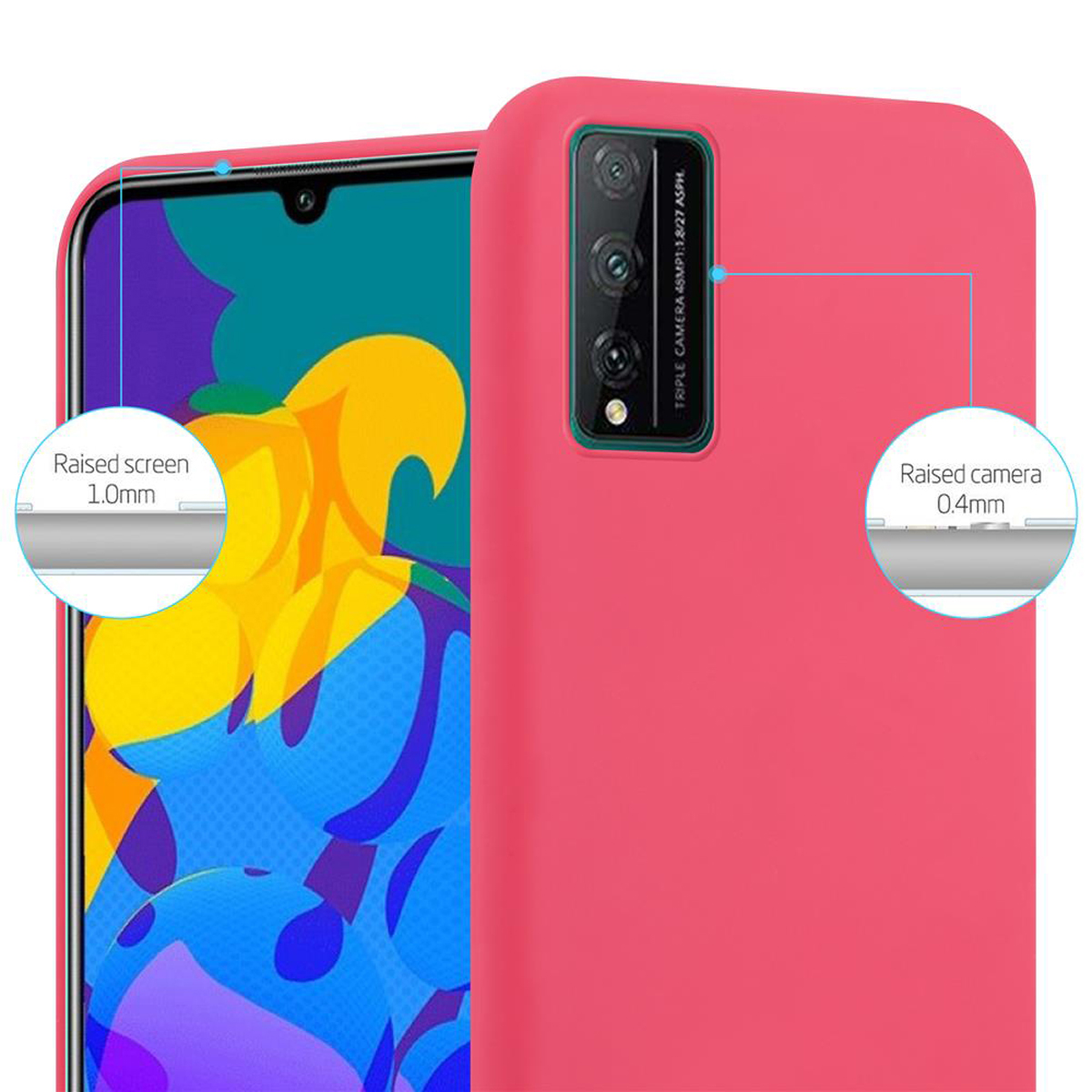 Custodia per telefono rosa con primo piano della fotocamera e funzioni di protezione dello schermo.