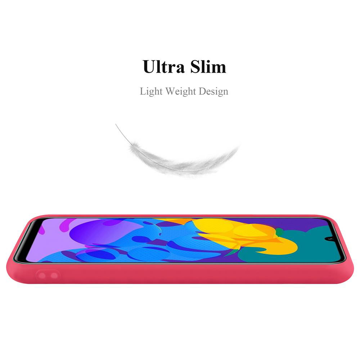 Custodia rossa per telefono appoggiata piatta. Il telefono è dentro. Lo sfondo mostra un'immagine astratta colorata.