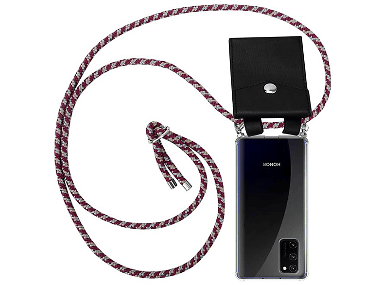 CADORABO Handy Kette mit Silber Ringen, Kordel Band und abnehmbarer Hülle, Backcover, Honor, View 30 PRO, ROT GELB WEIß