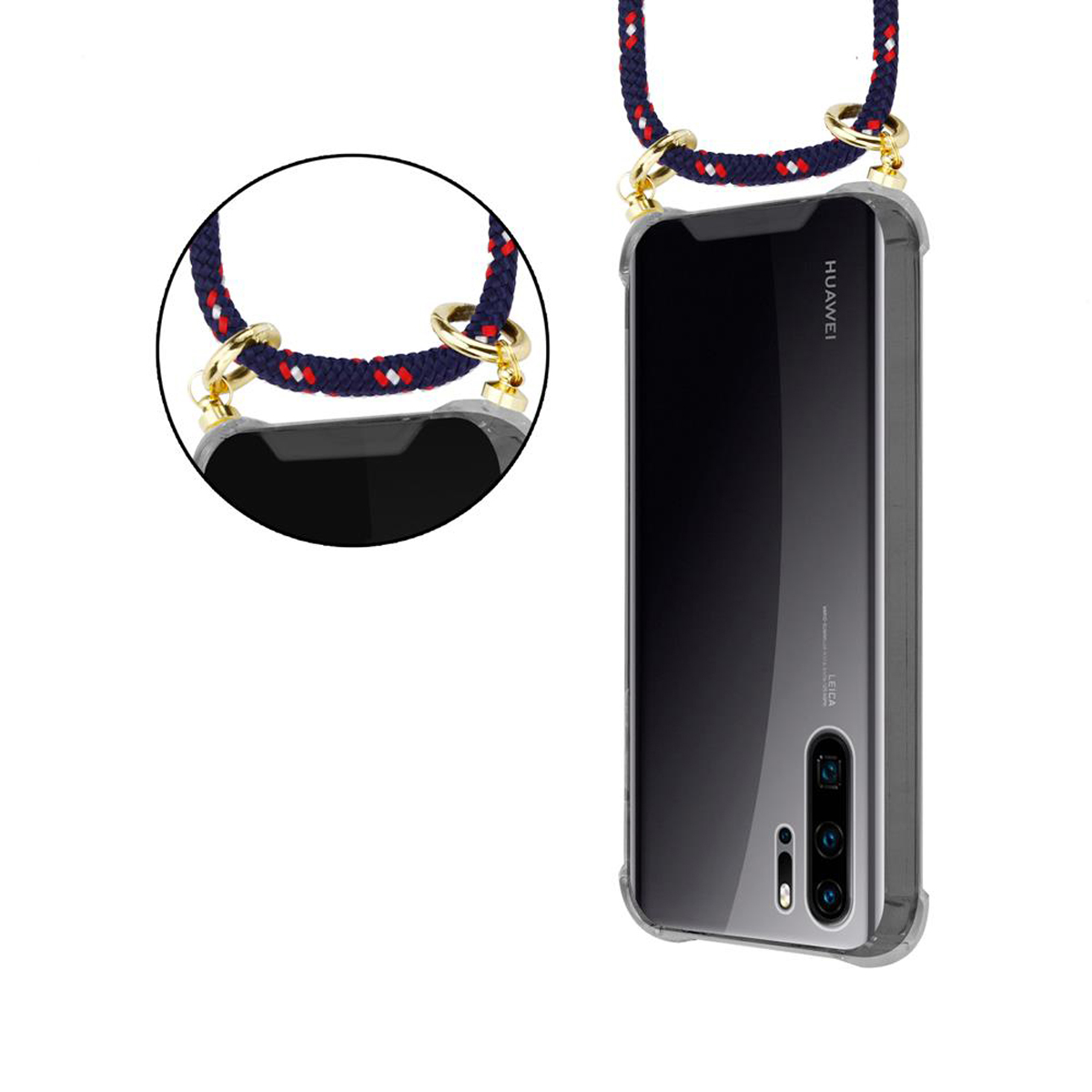 Huawei, CADORABO P30 Kette Ringen, mit und WEIß Gold ROT Hülle, PRO, Band Backcover, BLAU GEPUNKTET Kordel abnehmbarer Handy