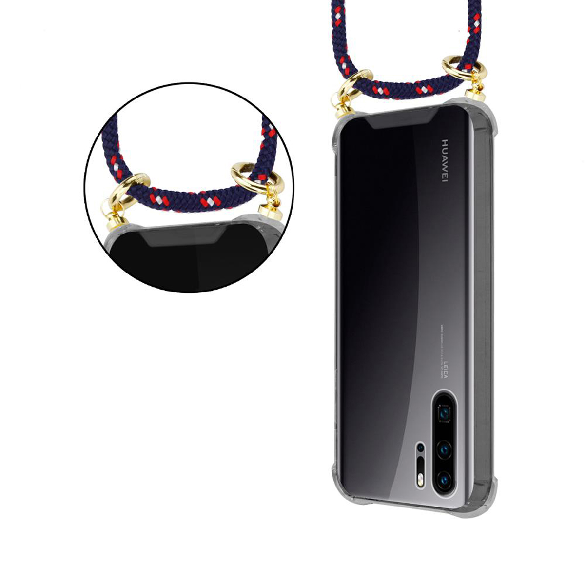 Un telefono con custodia trasparente e un cordino blu navy e rosso. Primo piano del cordino e della custodia del telefono.