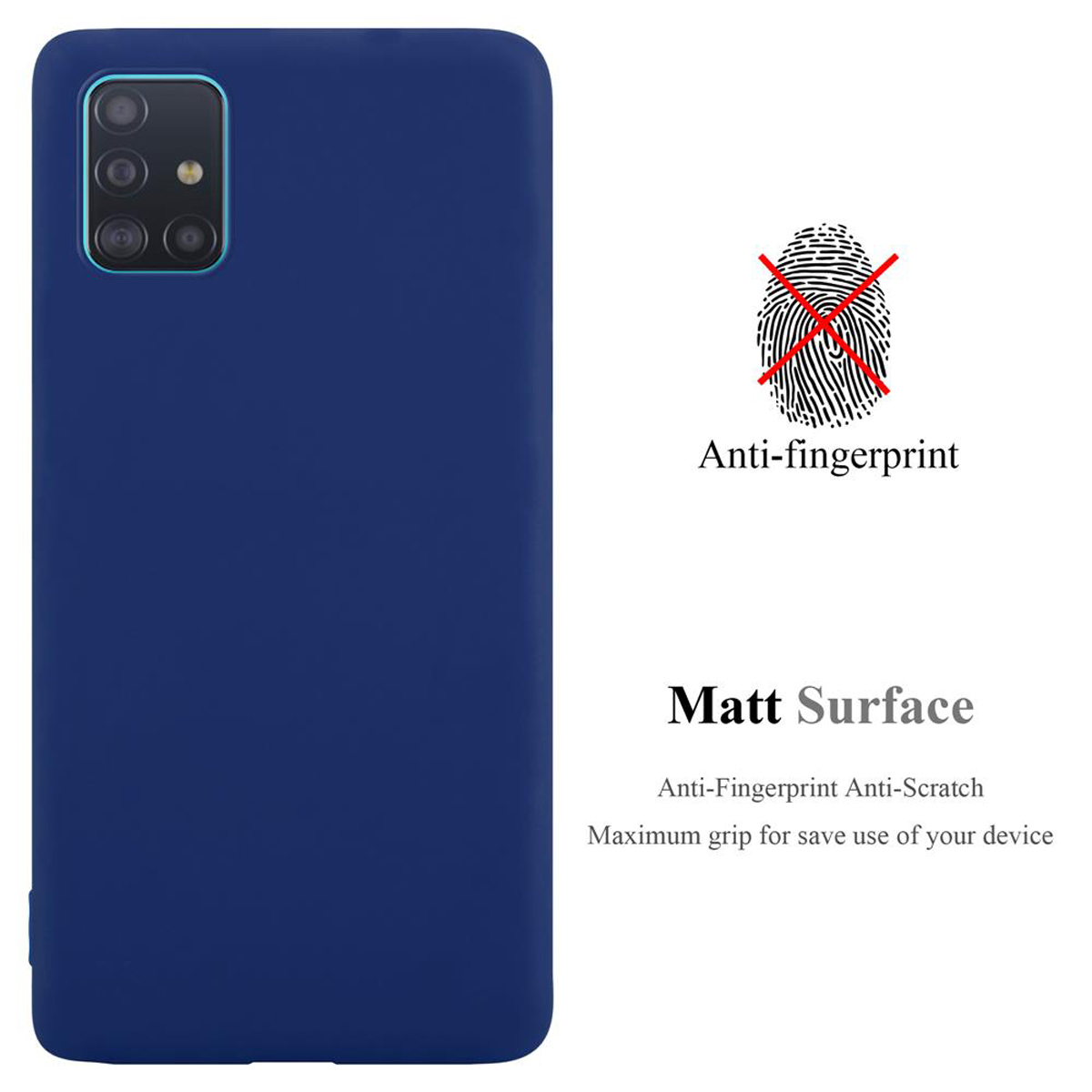 Custodia per telefono blu con testo che dice, anti-impronte digitali, superficie opaca e presa massima.
