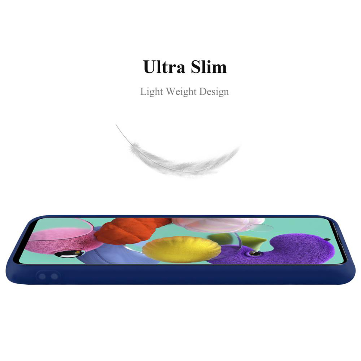 Un telefono in una custodia blu, una piuma galleggia sopra. Il testo dice 'Ultra Slim'.