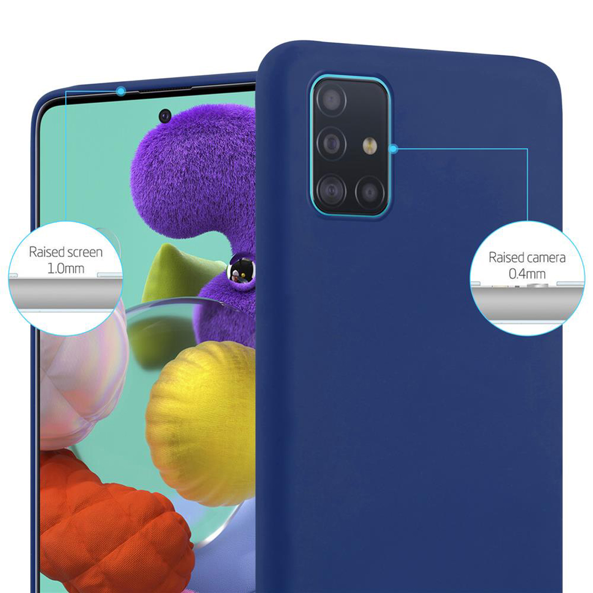 Primo piano di una custodia blu con diagrammi che mostrano la protezione rialzata dello schermo e della fotocamera.