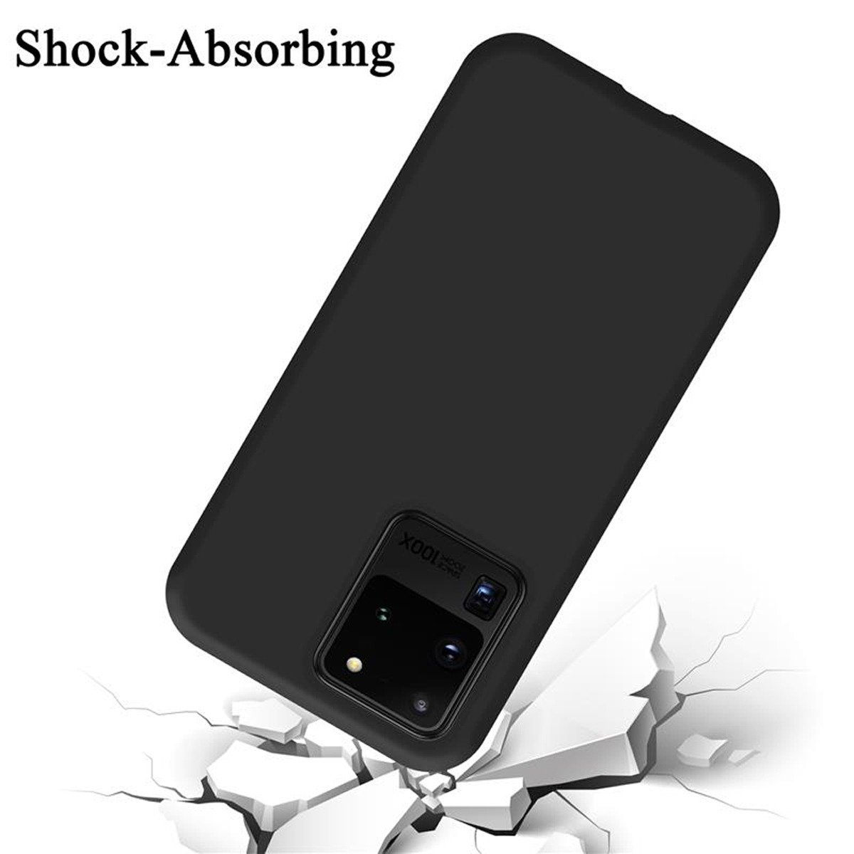 Eine schwarze Handyhülle mit einem Telefon darin. Das Telefon bricht eine weiße Oberfläche, mit Text 'stoßdämpfend'.
