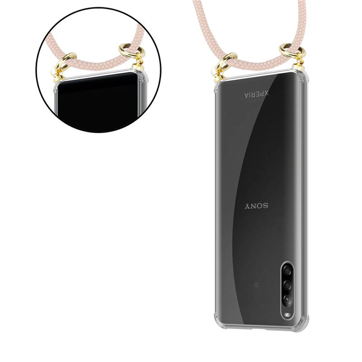 Una custodia per telefono con una corda rosa e un telefono con il logo Sony Xperia.