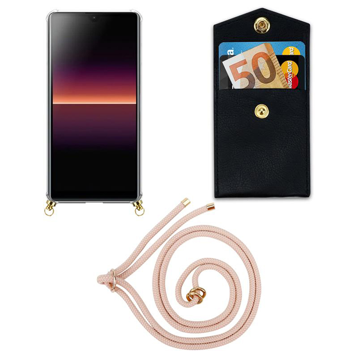 Uno smartphone, un portafoglio nero con carte e contanti e un cinturino rosa per telefono su sfondo bianco.
