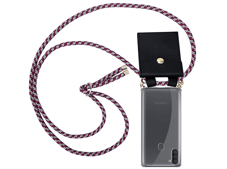 CADORABO Handy Kette mit Gold Ringen, Kordel Band und abnehmbarer Hülle, Backcover, Samsung, Galaxy A11 / M11, ROT WEIß