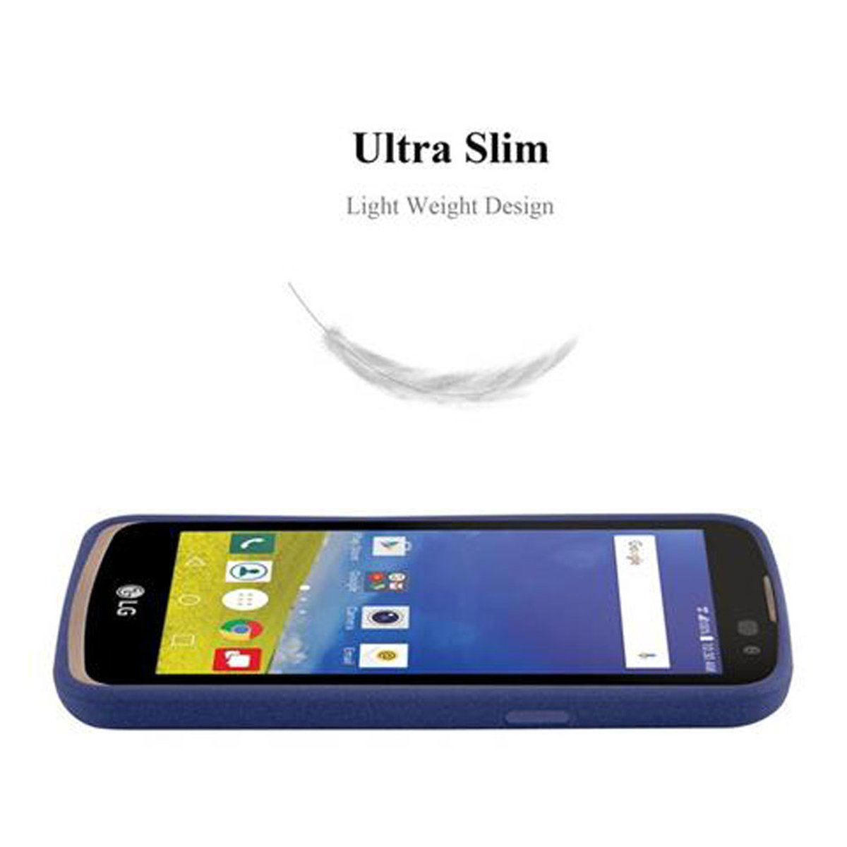 Una custodia blu con un telefono dentro, su sfondo bianco. Piuma sopra.