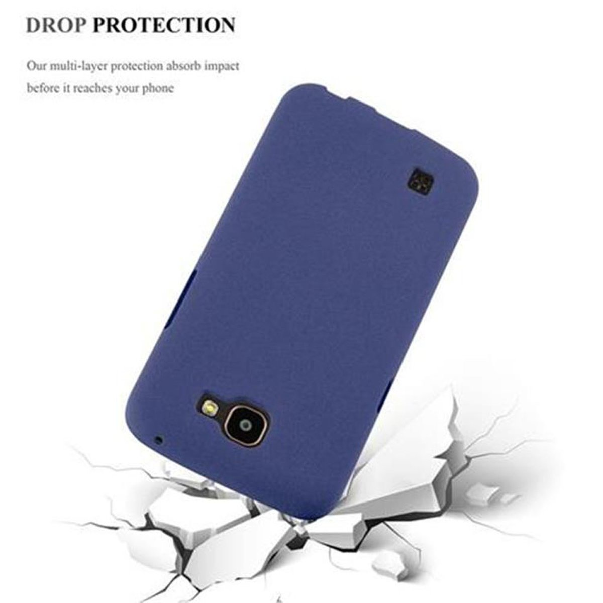 Una custodia blu per telefono viene mostrata con l'immagine di un telefono che rompe il cemento. Il testo è 'Drop Protection'.