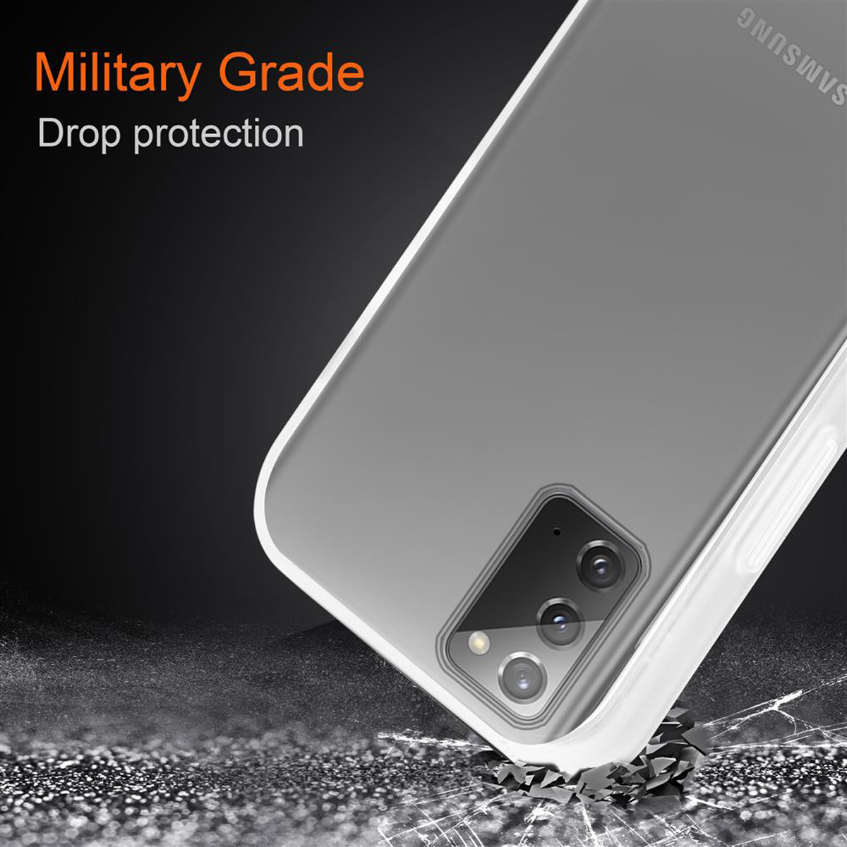 Un telefono in una custodia trasparente, appoggiato su una superficie incrinata. Il telefono ha un logo Samsung.