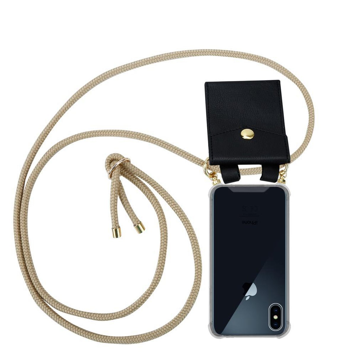 CADORABO Handy Kette mit Hülle, Kordel Backcover, und XS, / Gold GLÄNZEND Apple, BRAUN X Band iPhone Ringen, abnehmbarer