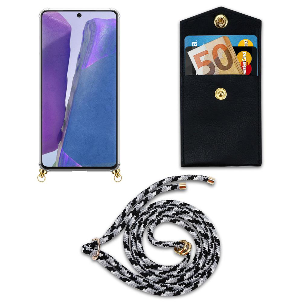 Telefono con porta carte e cordino. Il telefono è trasparente e lo sfondo è bianco.