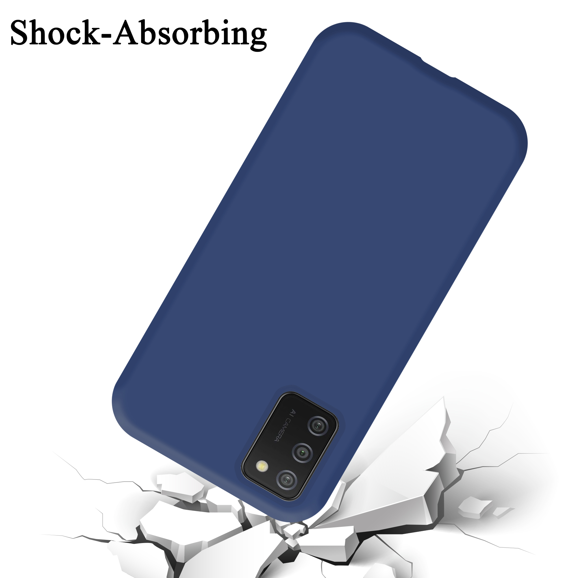 Custodia per telefono blu navy, che cade su una superficie bianca e si rompe. La custodia assorbe gli urti.