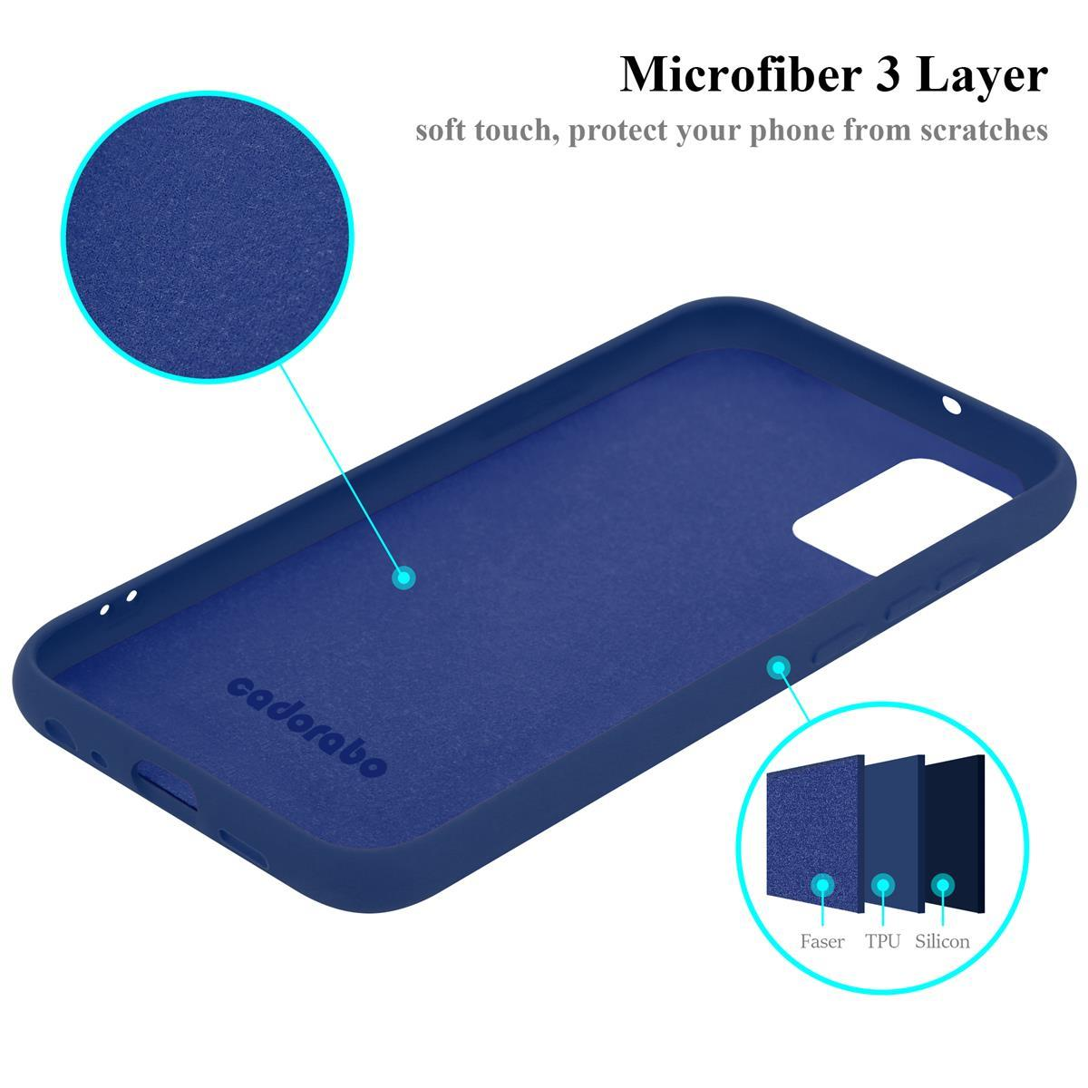 Una custodia per telefono blu con uno strato in microfibra viene mostrata con testo che spiega gli strati: Faser, TPU, Silicon.