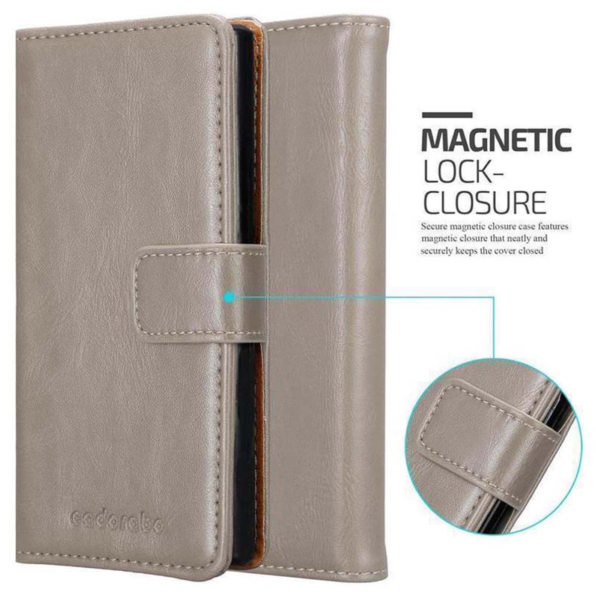 Custodia per telefono grigia con chiusura magnetica. Il testo indica una chiusura magnetica sicura.