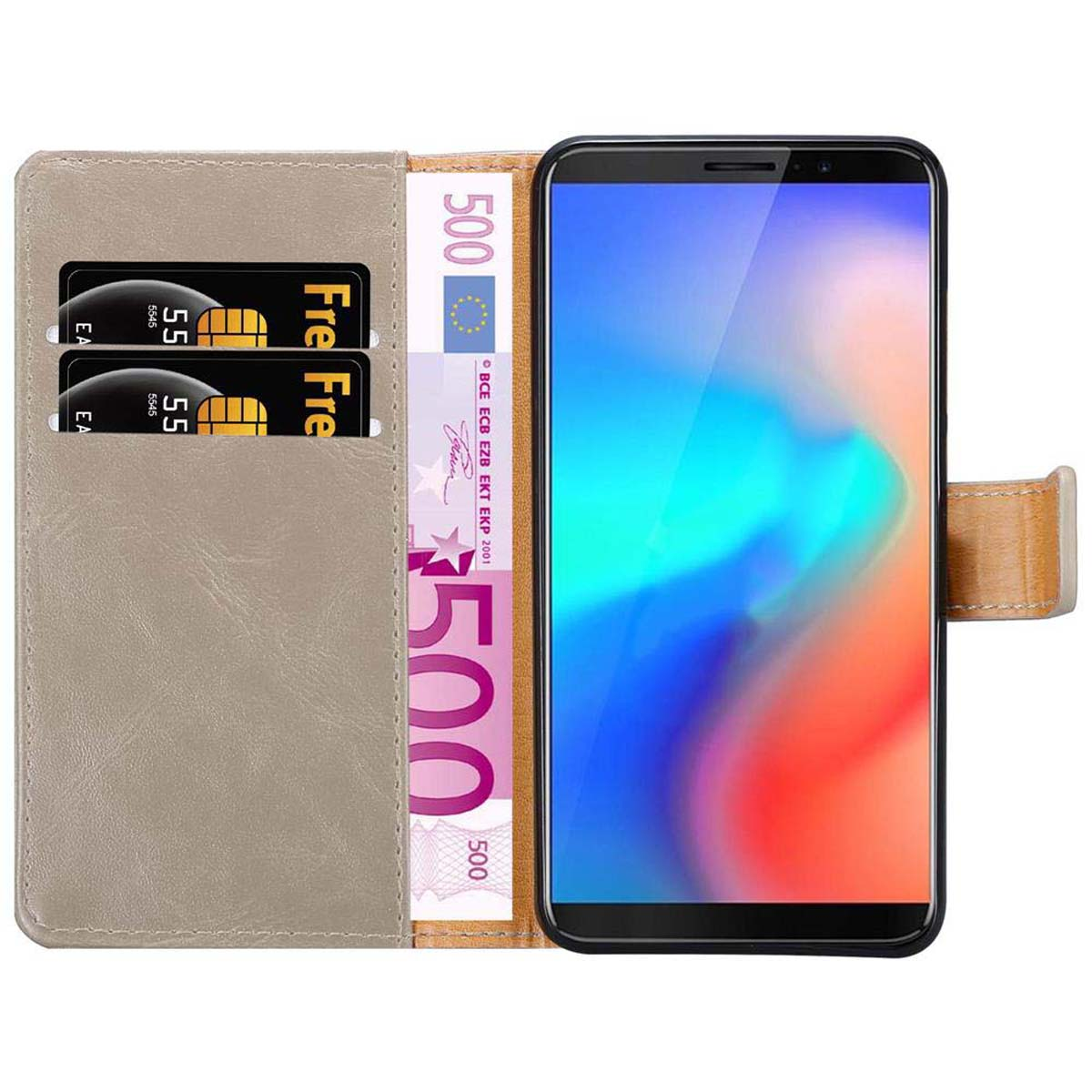 Un telefono in una custodia a portafoglio con carte e denaro. Lo schermo mostra un'immagine colorata.