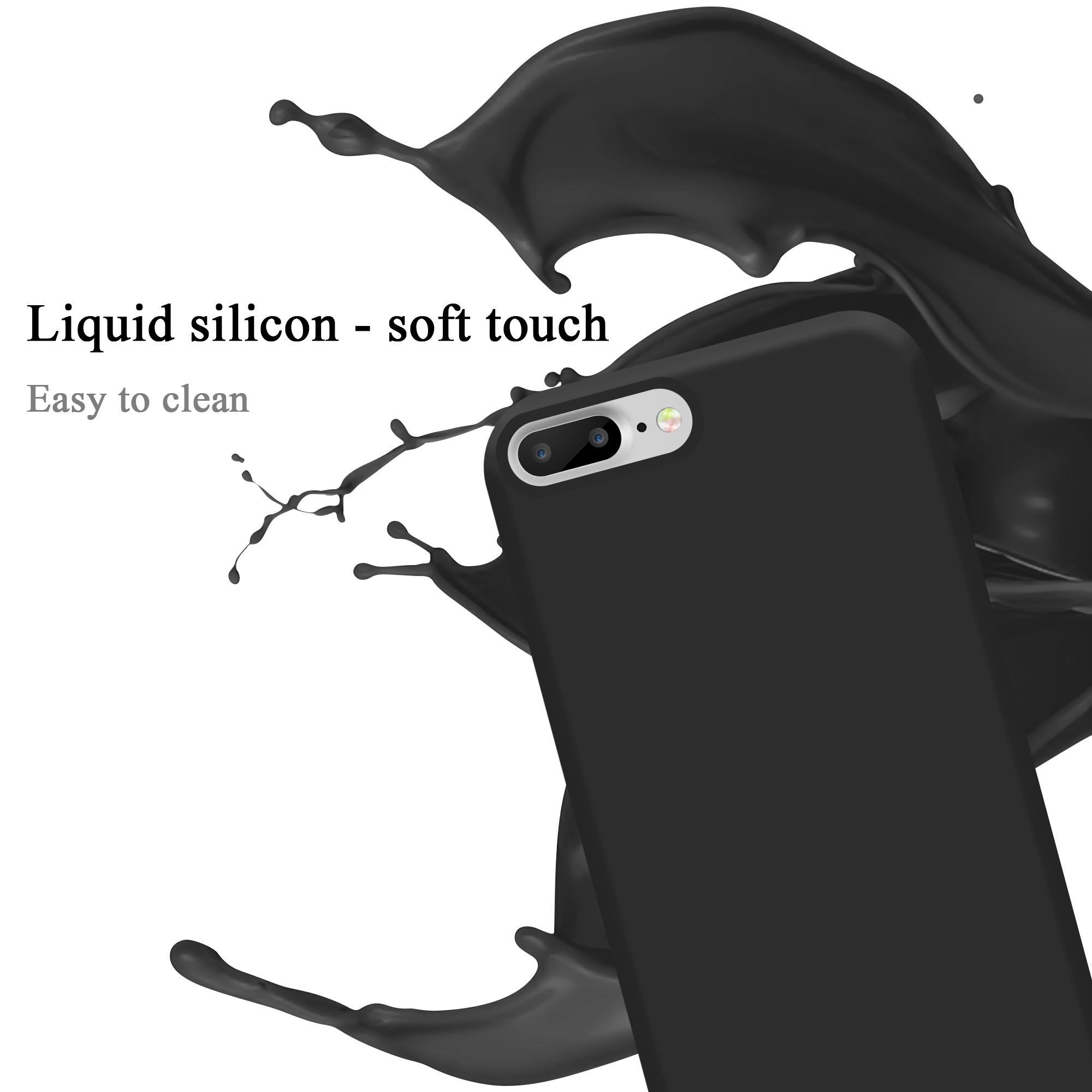 Una custodia nera per telefono con uno spruzzo di vernice nera. Il testo recita: Silicone liquido - tocco morbido, facile da pulire.
