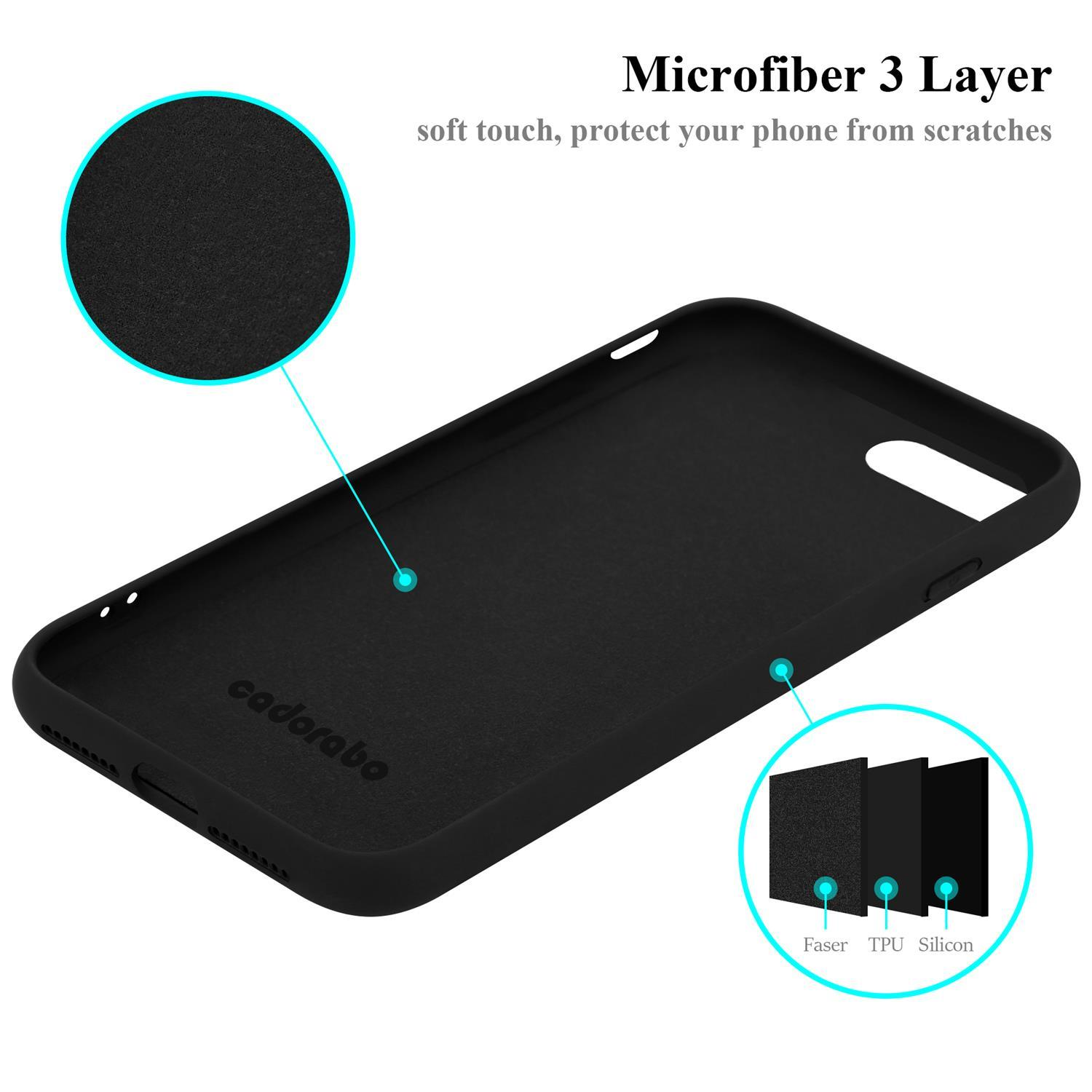Custodia per telefono nera con diagramma dei suoi strati: Fibra, TPU e silicone.