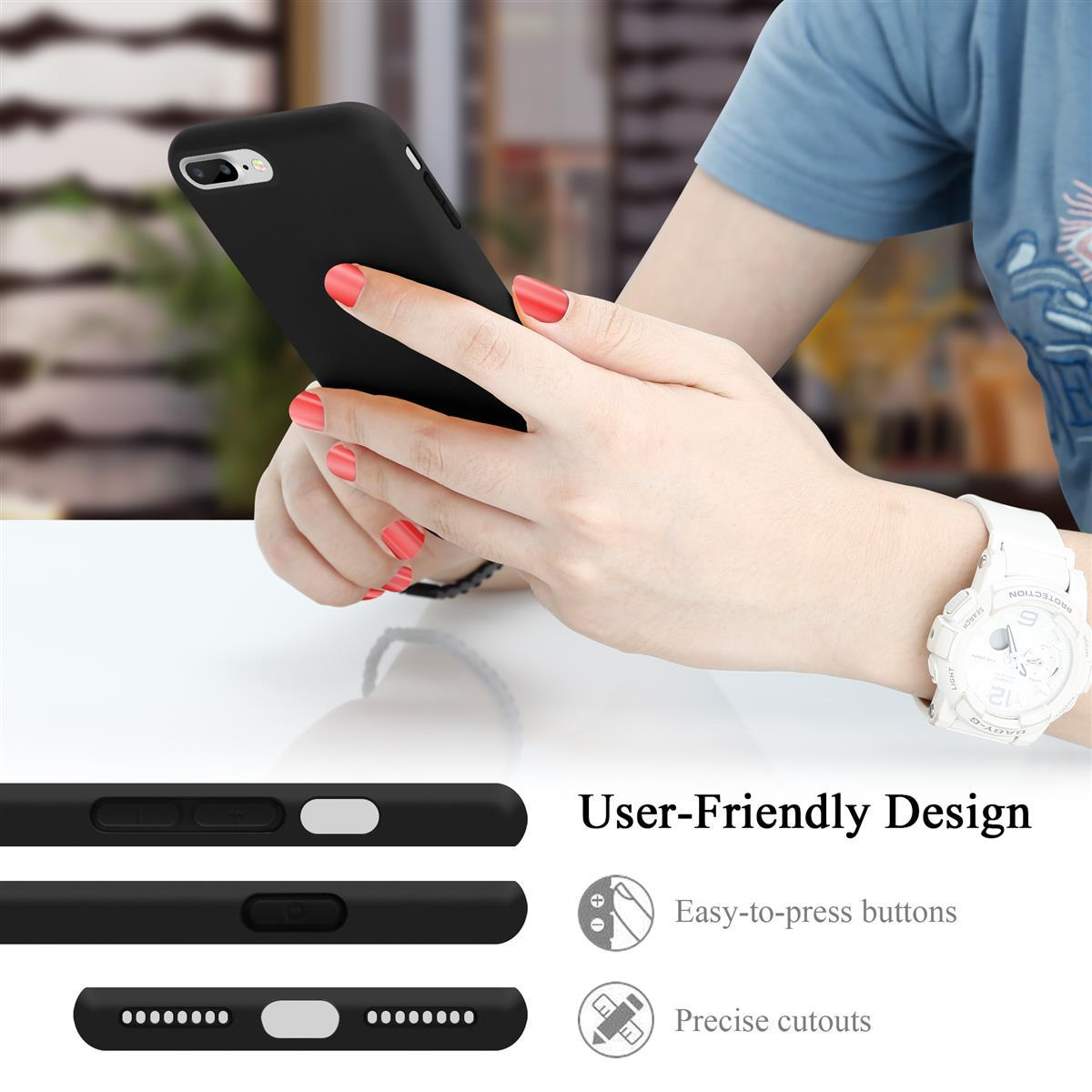 Mani che tengono una custodia nera. Testo 'User-Friendly Design'. Mostra pulsanti e ritagli.
