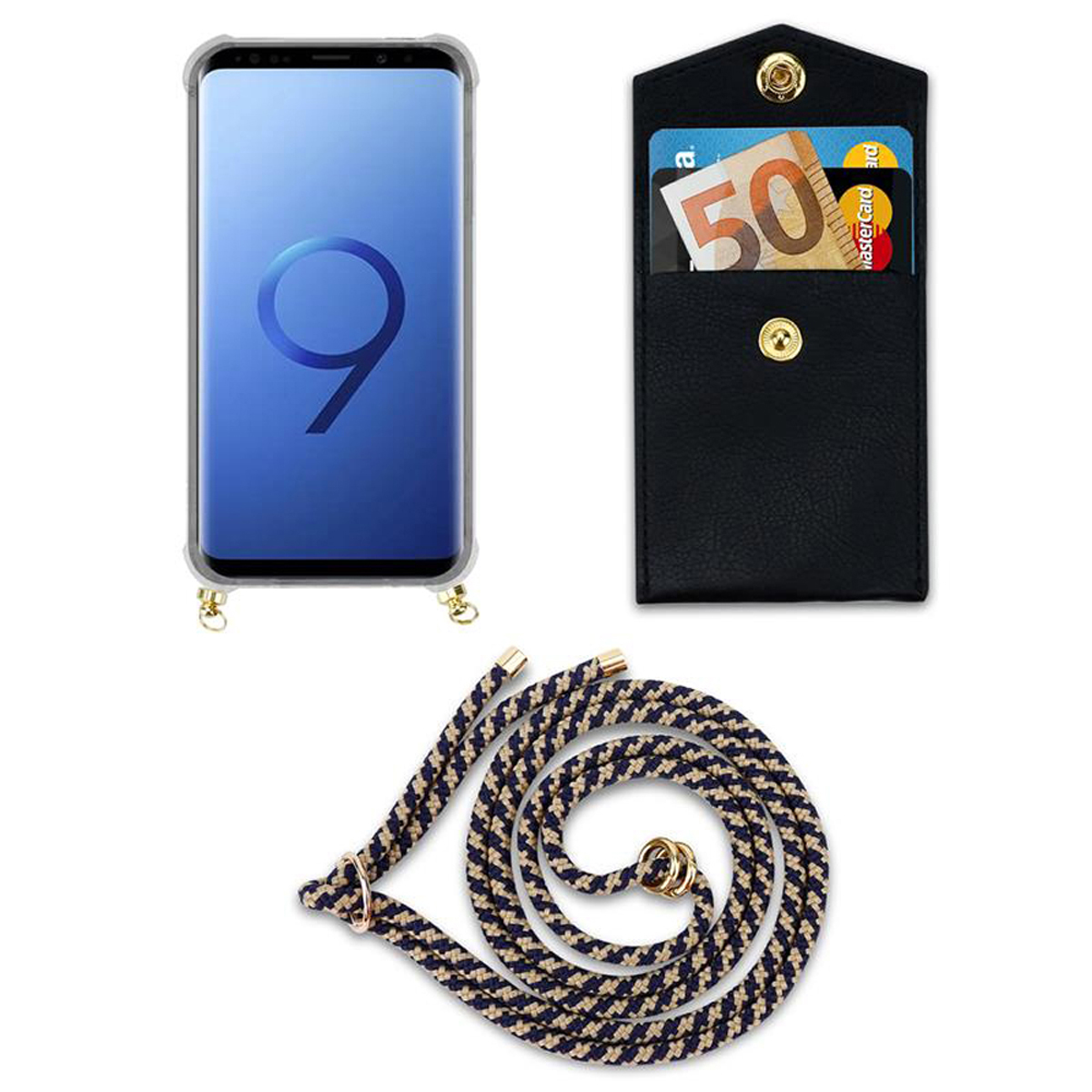 Telefono con un portafoglio nero a tracolla, che tiene una banconota da 50 euro. Il telefono mostra una chat.