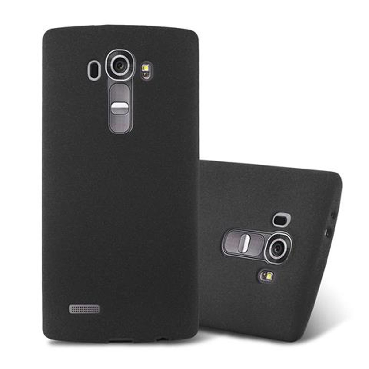 Dos fundas negras para teléfono. Una de pie, otra plana. Ambas con agujeros para cámara.
