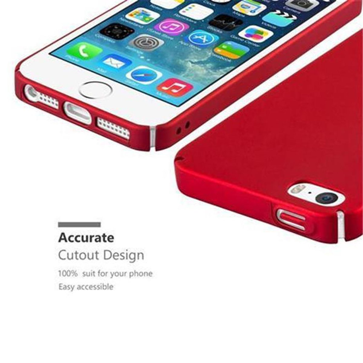 Rote Handyhülle mit rotem Telefon im Inneren und dem Text "Accurate Cutout Design".