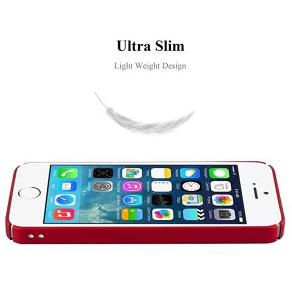 Eine rote Handyhülle mit einem Telefon darin, das den Startbildschirm anzeigt. Der Hintergrund ist weiß.