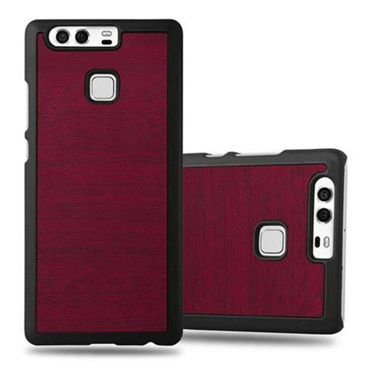 Dos fundas para teléfono: vetas de madera roja y marco negro.