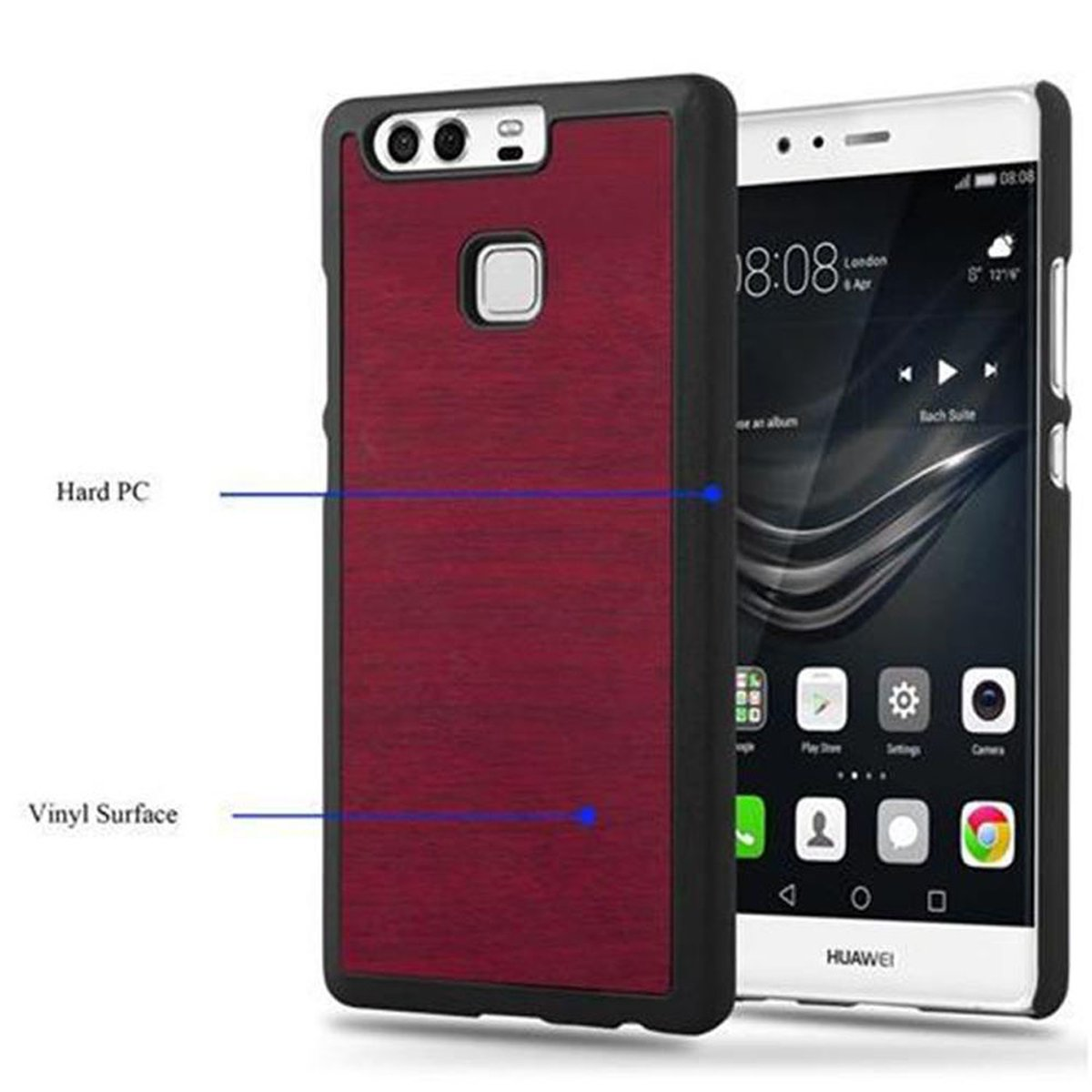 Funda de teléfono negra y roja en un teléfono blanco. El texto dice PC duro y superficie de vinilo. El teléfono está a la derecha.
