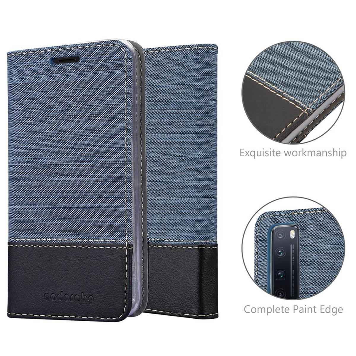 Custodia per telefono blu e nera con texture denim. Dettagli: cuciture, pelle nera e fotocamera del telefono.