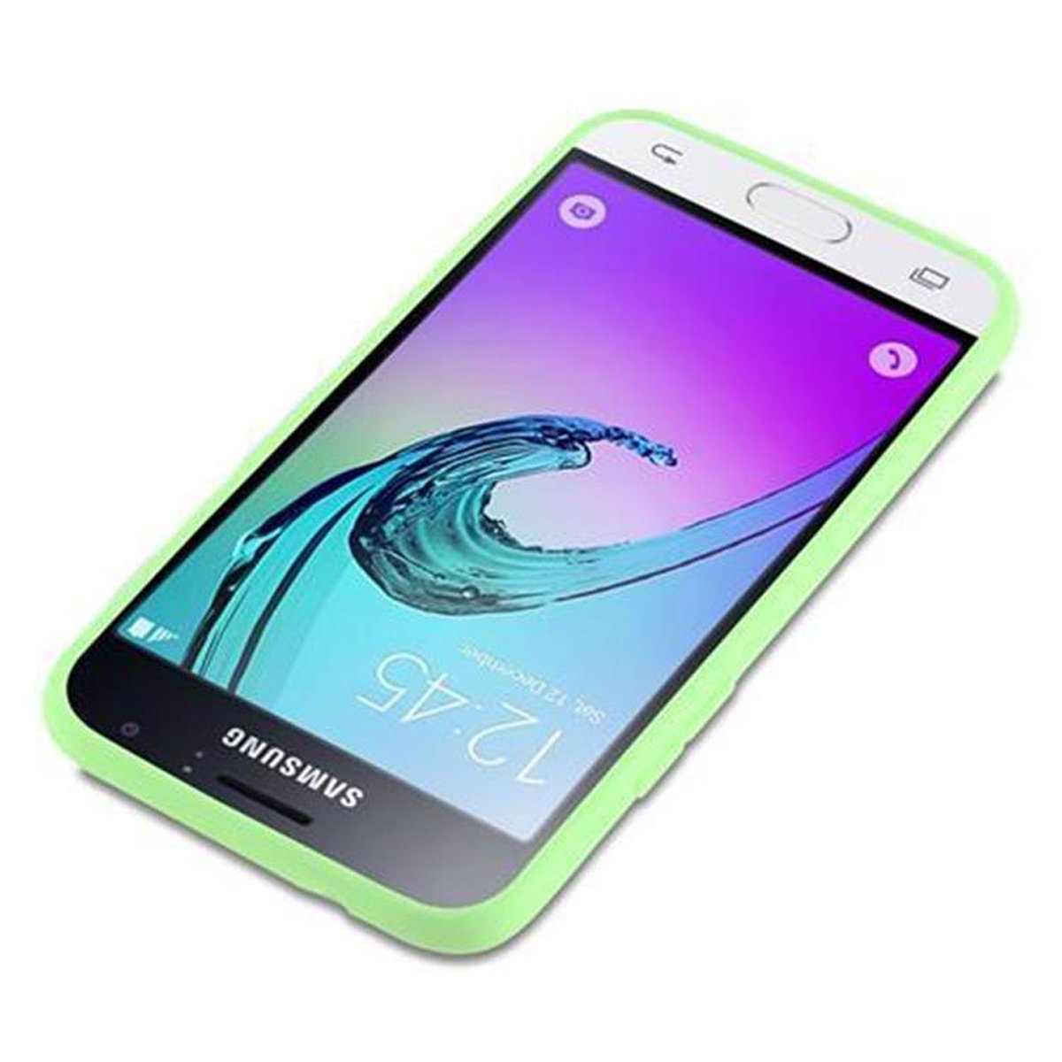 Una custodia verde con un telefono dentro. Lo schermo del telefono mostra un disegno a onde.