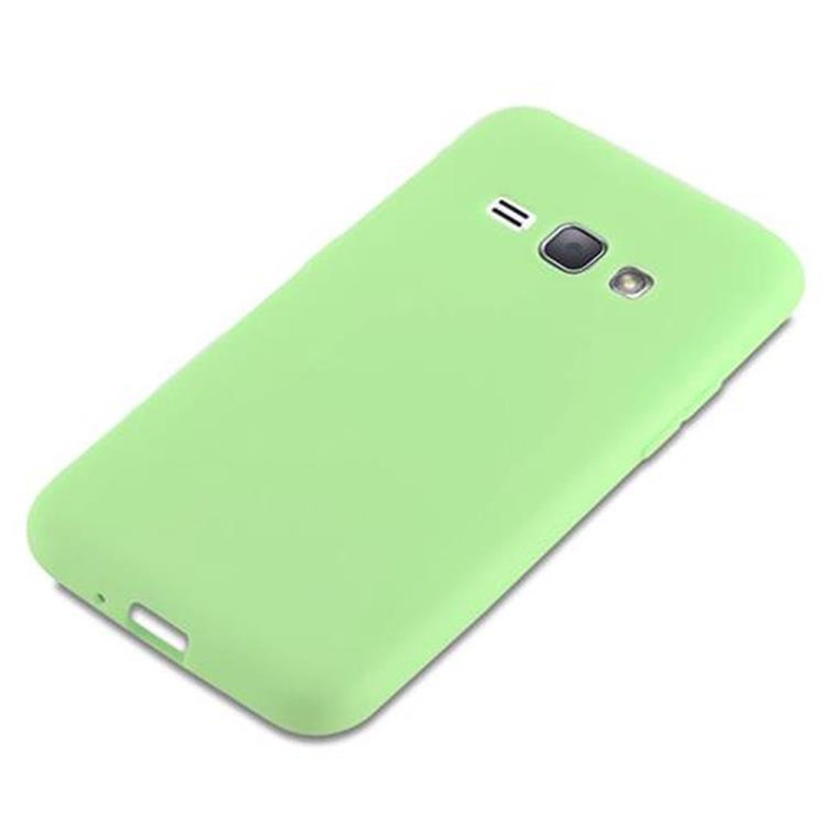 Custodia verde per telefono su sfondo bianco. La custodia ha un ritaglio per la fotocamera e il flash sul retro.