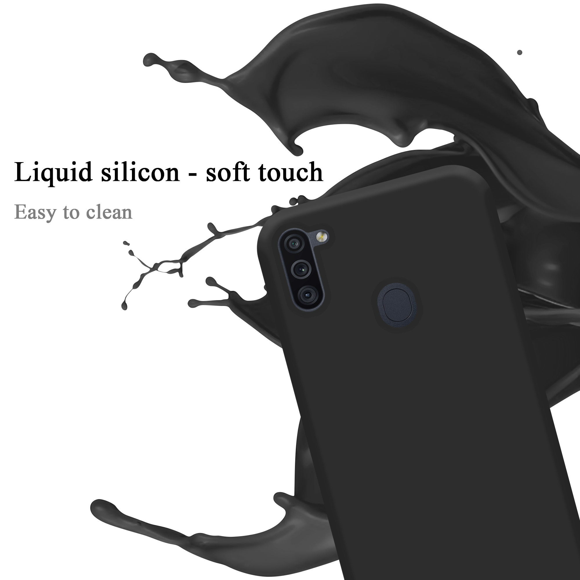 Una custodia nera per telefono con tocco morbido in silicone liquido ed effetto splash.