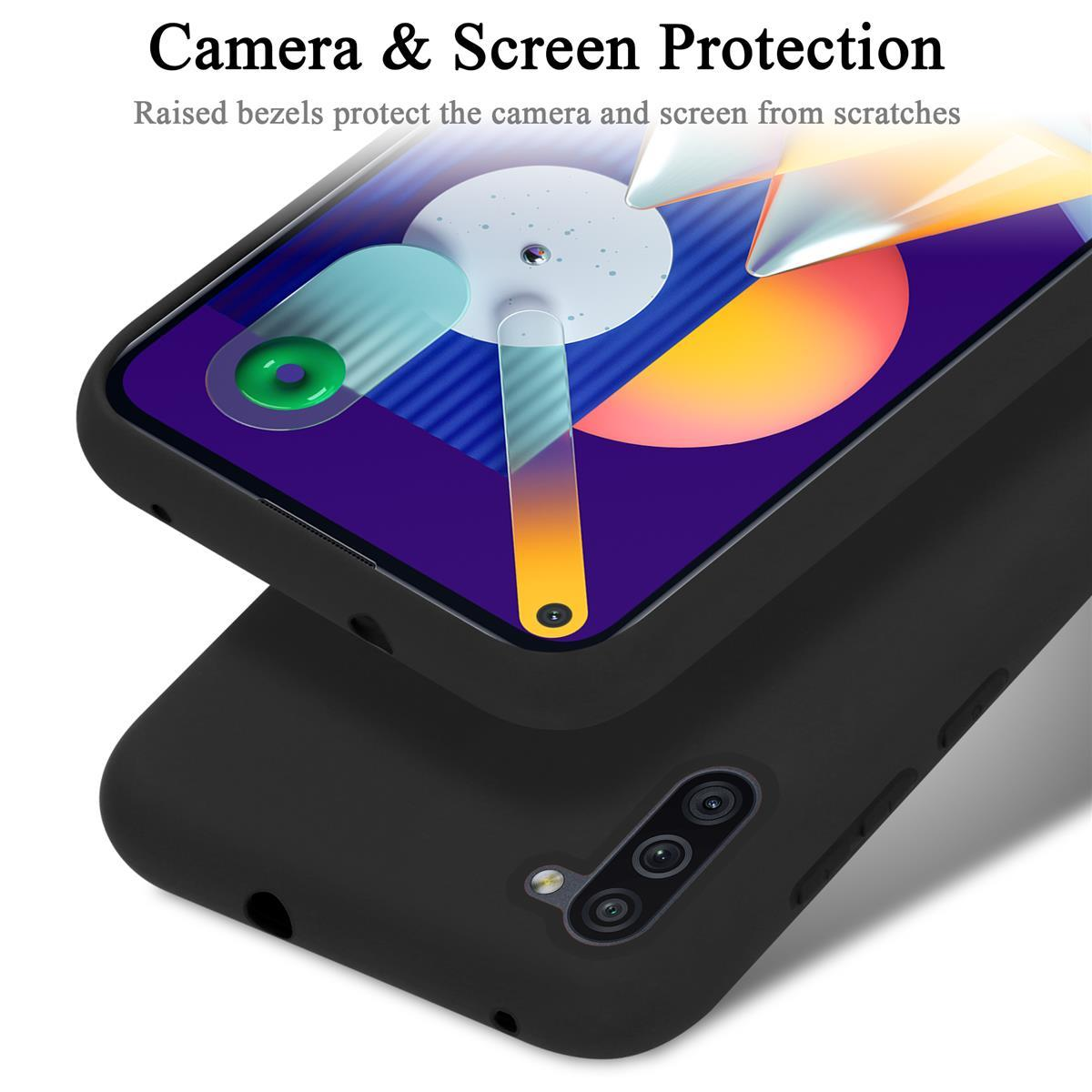 Una custodia per telefono nera con un telefono all'interno, la custodia mostra la protezione della fotocamera e dello schermo.