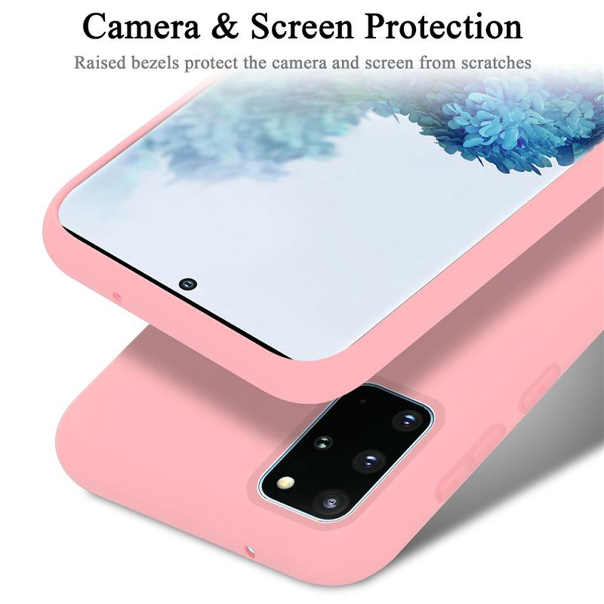Custodia per telefono rosa con un telefono dentro. Testo: 'Camera & Screen Protection'. Lo sfondo è bianco.