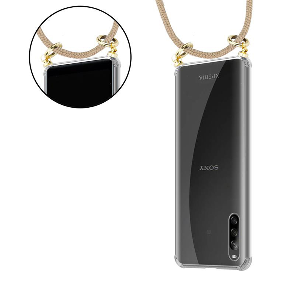 Un telefono in una custodia trasparente con un cordino. La parte posteriore del telefono è visibile con il logo Sony Xperia.