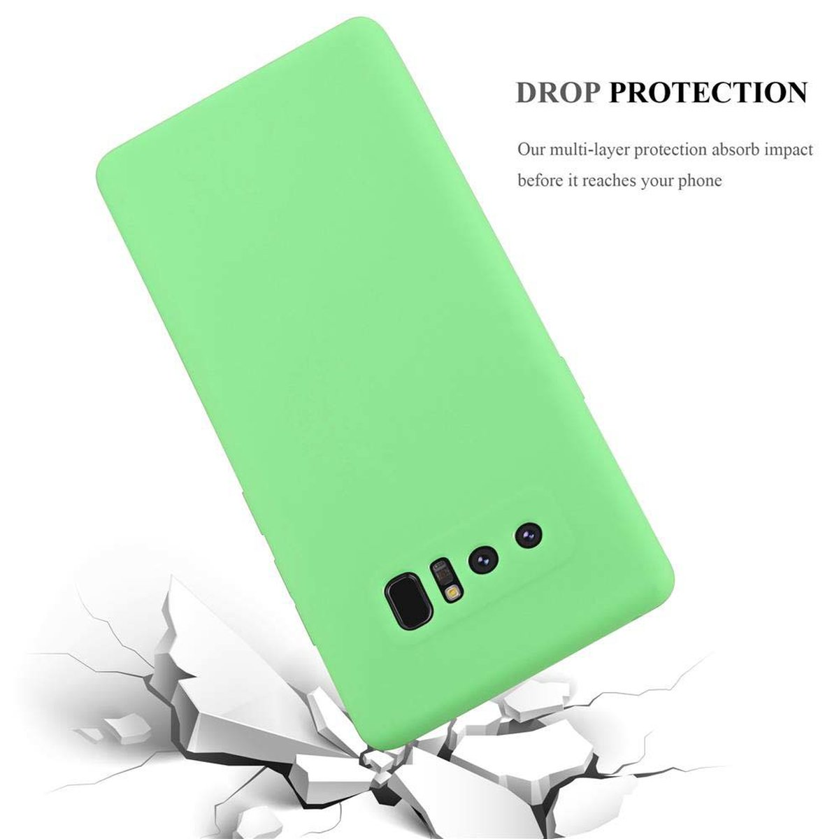 Una custodia verde per telefono cade e crepa una superficie. La custodia ha fori per fotocamera e pulsanti.