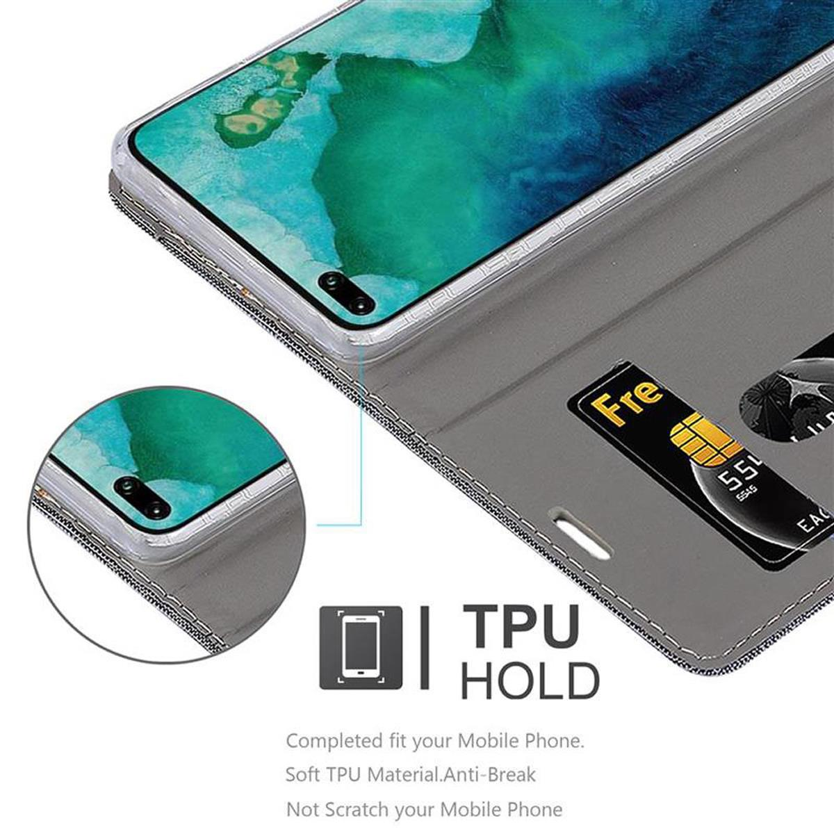 Custodia per telefono con slot per schede. Il telefono è all'interno. La custodia è grigia. Il testo è visibile.