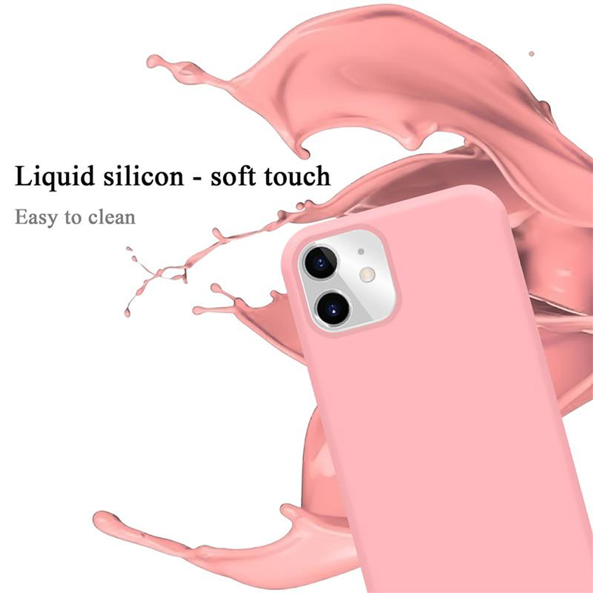 Eine rosa Handyhülle mit Flüssigkeitsspritzern an der Seite. Der Hintergrund ist weiß.