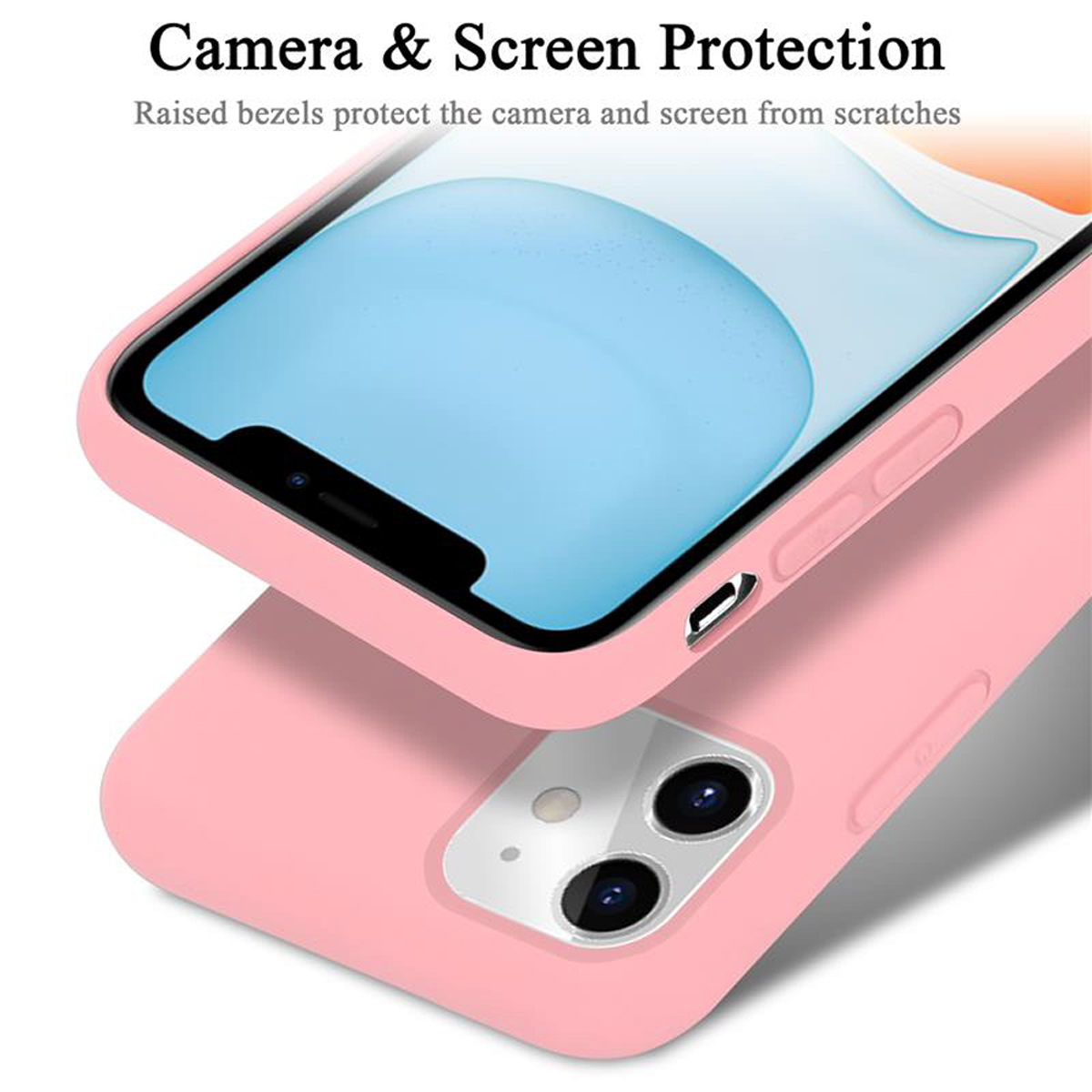 Rosa Handyhülle auf einem Handy. Erhöhte Blenden schützen den Bildschirm vor Kratzern.