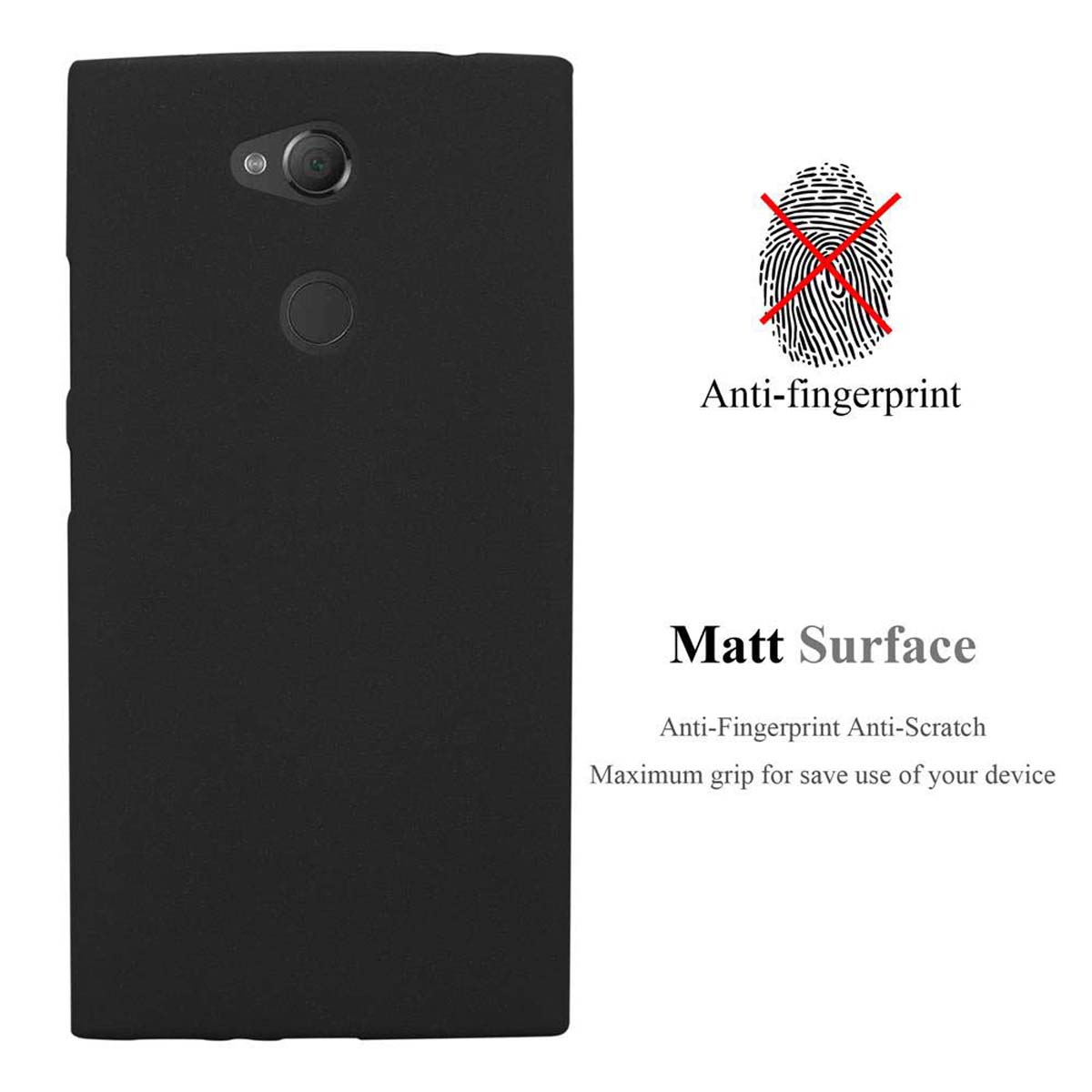 Una custodia per telefono nera con testo anti-impronta e un simbolo di impronta digitale, insieme a testo che descrive la superficie.
