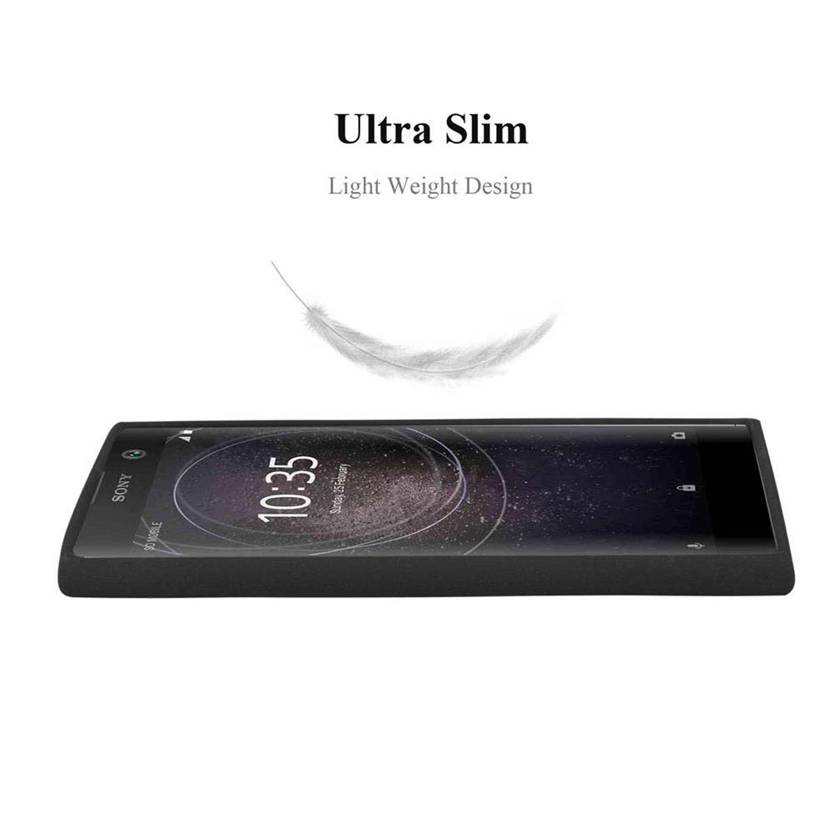 Un telefono nero su sfondo bianco. Una piuma fluttua sopra.