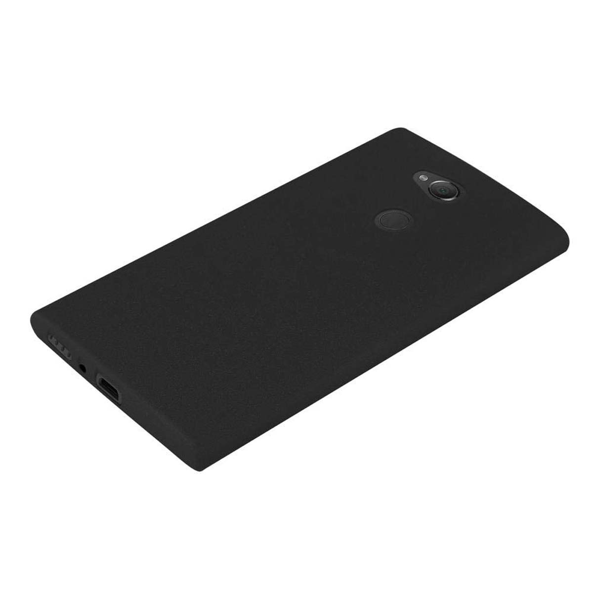 Una custodia per telefono nera. Il telefono è nero. La parte posteriore del telefono ha una fotocamera.