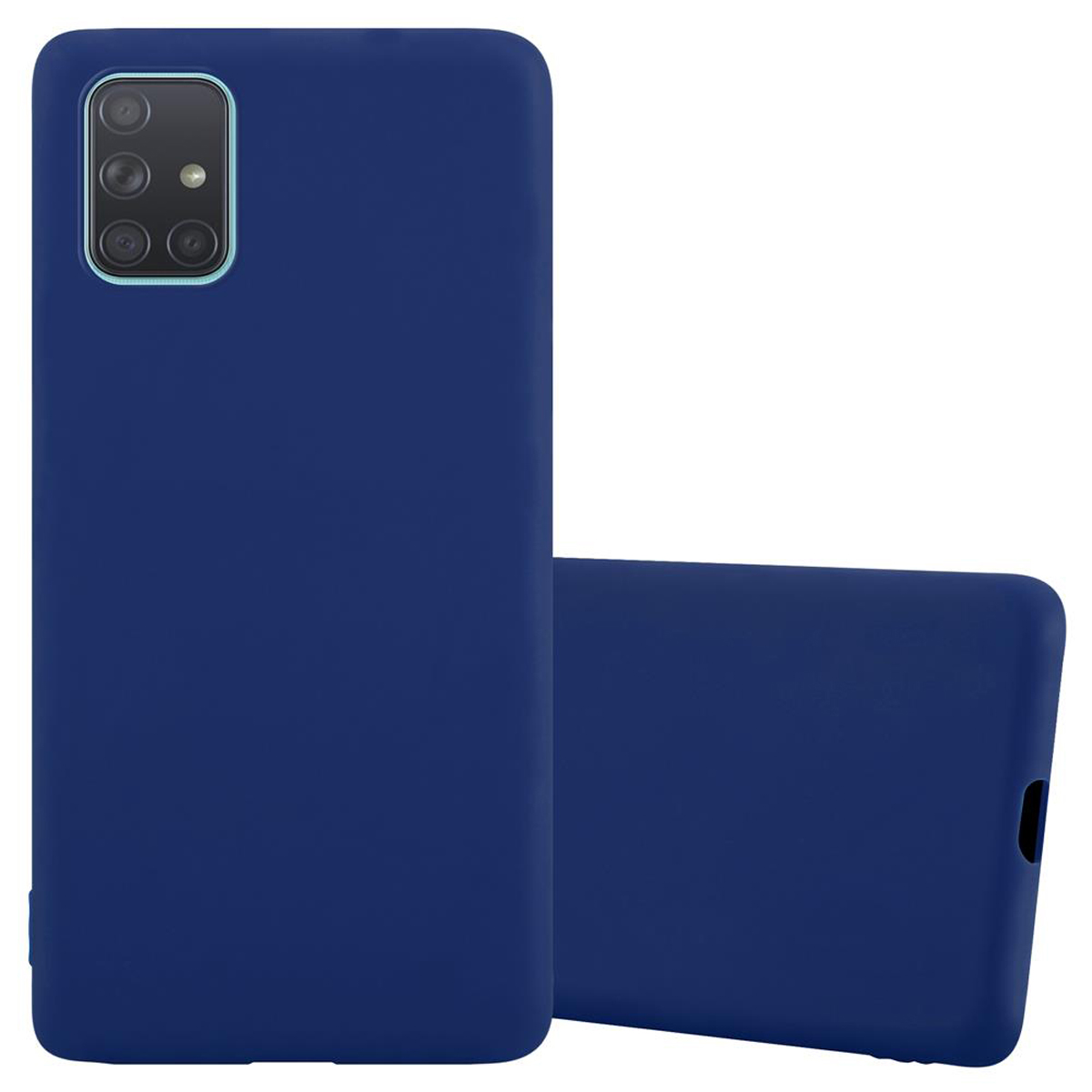 Blaue Handyhülle mit einem Telefon darin. Weißer Hintergrund.