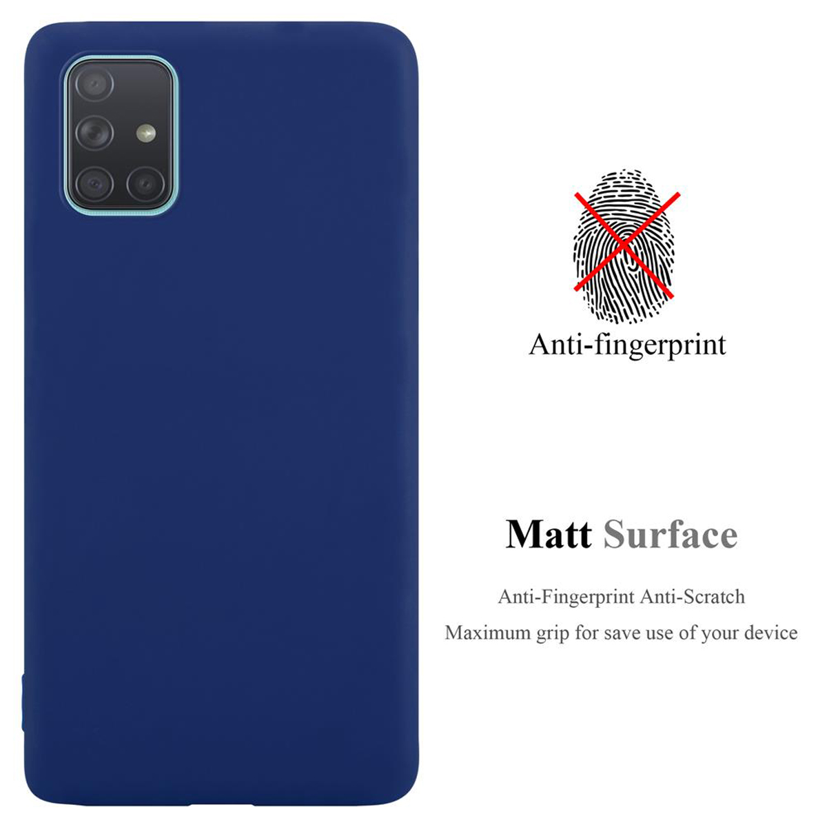Blaue Handyhülle mit Fingerabdrucksymbol und Text. Weißer Hintergrund. Text: Anti-Fingerabdruck und matte Oberfläche.