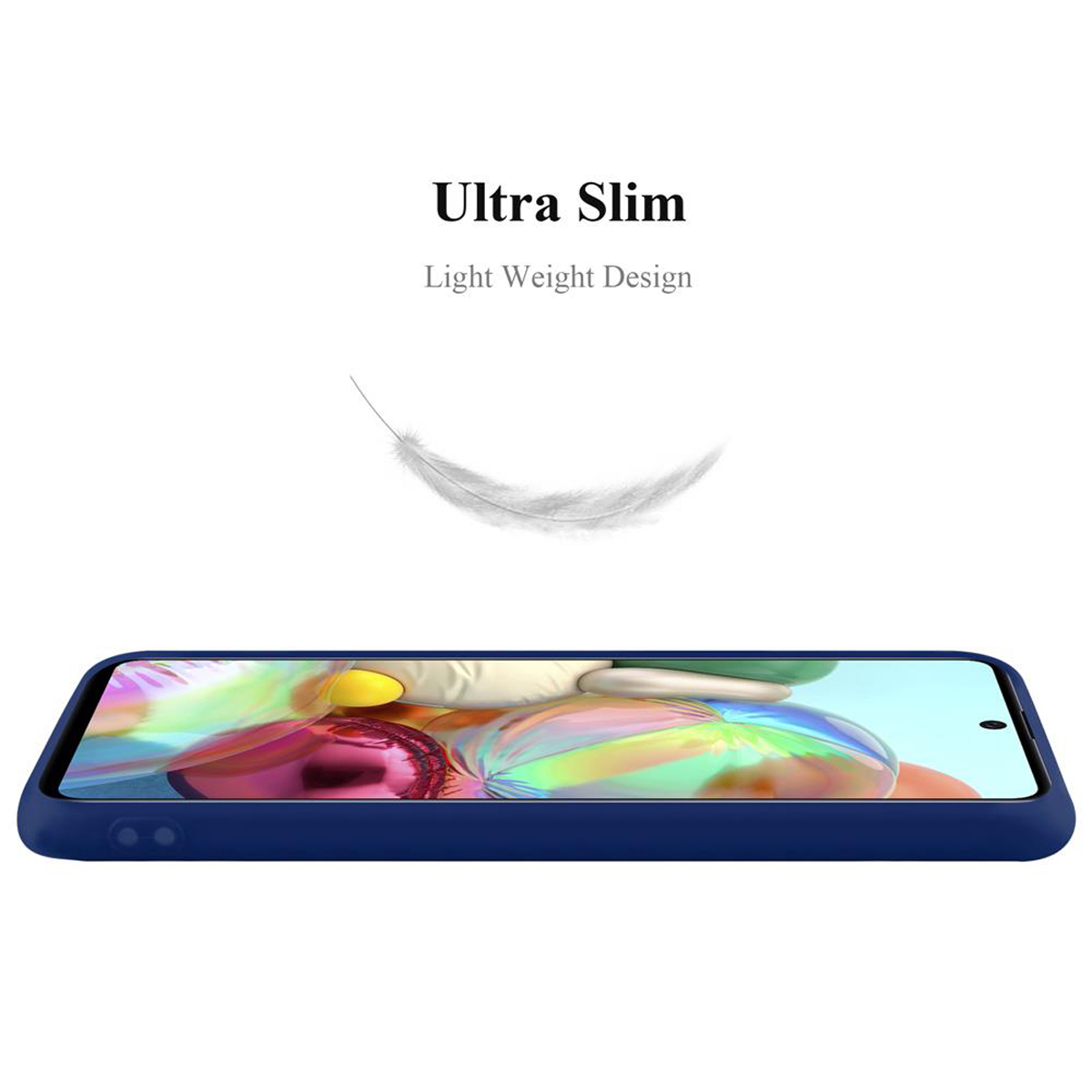 Blaue Handyhülle mit Handy darin und eine weiße Feder darüber.